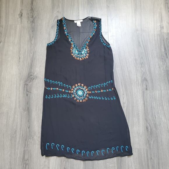 WHBM Silk Cover Up Dress Sheer Beaded Black Navajo Whimsigoth Resort Swim Boho - Picture 1 of 9